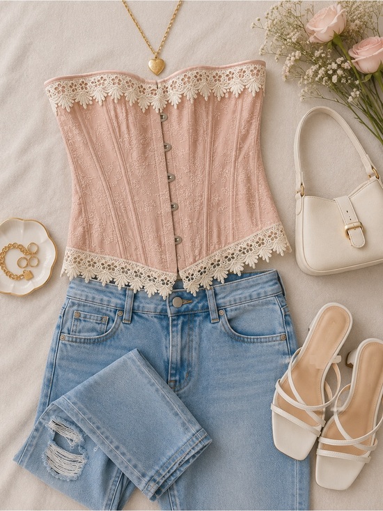 Lady Lenore Tops - Vintage Lady Lenore Blush Pink Lace Corset Bustier Top Y2K